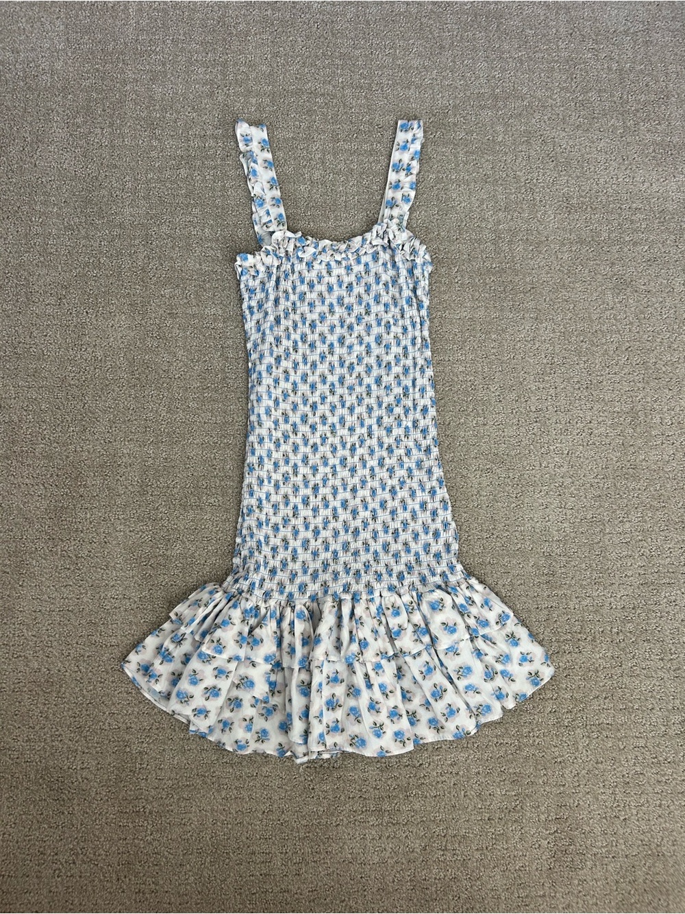 Smocked Blue Floral Ruffle-Hem Mini Dress Size XS